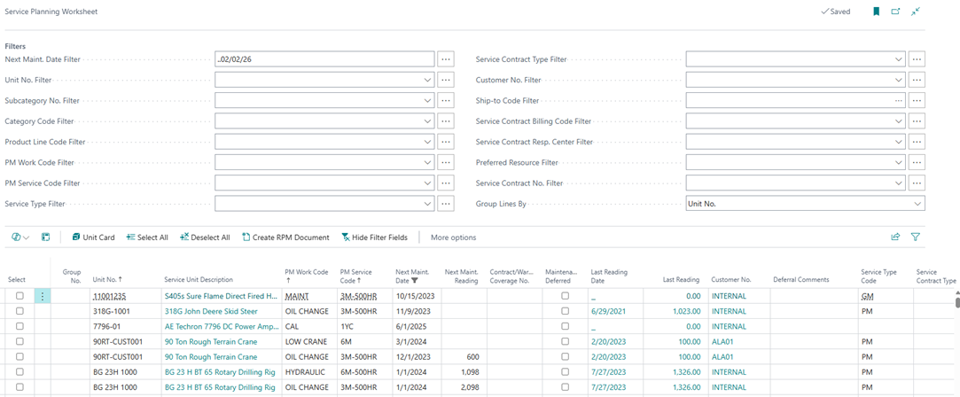 Service Planning Worksheet - RPM Screenshot